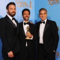 Ben Affleck, producer Grant Heslov and producer George Clooney, winners of Best Motion Picture (Drama) for ‘Argo,’ poses in the press room backstage at the 2013 Golden Globes