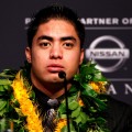 Manti Te’o of Notre Dame speaks during a press conference prior on December 8, 2012 in New York City