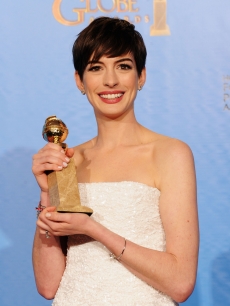 Anne Hathaway, winner of Best Supporting Actor in a Motion Picture for ‘Les Miserables,’ poses in the press room during the 70th Annual Golden Globe Awards held at The Beverly Hilton Hotel in Beverly Hills, Calif., on January 13, 2013