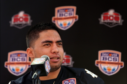 Manti Te’o #5 of the Notre Dame Fighting Irish speaks to the media during Media Day ahead of the Discover BCS National Championship at Sun Life Stadium on January 5, 2013