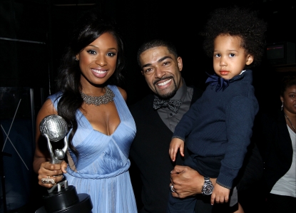 Jennifer Hudson, winner of the Outstanding Album award, David Otunga, and son David Daniel Otunga Jr. attend the 43rd NAACP Image Awards held at The Shrine Auditorium, Los Angeles, on February 17, 2012