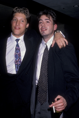 Sean Kanan and actor Robert Downey Jr. in Los Angeles outside the 2020 Club, November 16, 1988
