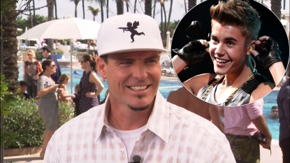 Vanilla Ice stops by Access Hollywood Live on January 29, 2013 / inset: Justin Bieber
