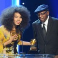 Esperanza Spalding and composer Thara Memory accept an award onstage during the 55th Annual GRAMMY Awards at Staples Center, Los Angeles, on February 10, 2013