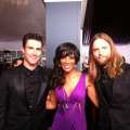 Shaun Robinson with Maroon 5 on the Grammys red carpet, Los Angeles, Feb. 10, 2013