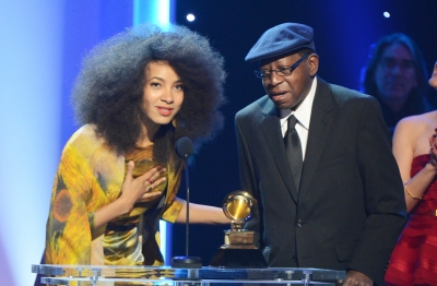 Esperanza Spalding and composer Thara Memory accept an award onstage during the 55th Annual GRAMMY Awards at Staples Center, Los Angeles, on February 10, 2013