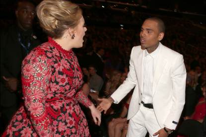Adele and singer Chris Brown attend the 55th Annual Grammy Awards at Staples Center on February 10, 2013 in Los Angeles