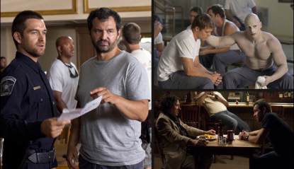Greg Yaitanes with Antony Starr on the set of ‘Banshee’ (left); Michael Roark and Joseph Gatt in the ‘Wicks’ episode (top right); Michael Kostroff and Antony Starr, also in the ‘Wicks’ episode (bottom right)