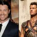 Dan Feuerriegel at the ‘Spartacus: War of the Damned’ premiere in LA (left) and as Agron in the Starz series (right)