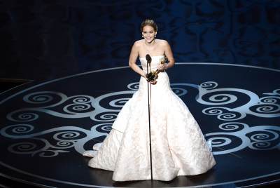 Jennifer Lawrence accepts the Best Actress award for ‘Silver Linings Playbook’ onstage during the Oscars held at the Dolby Theatre in Hollywood on February 24, 2013 