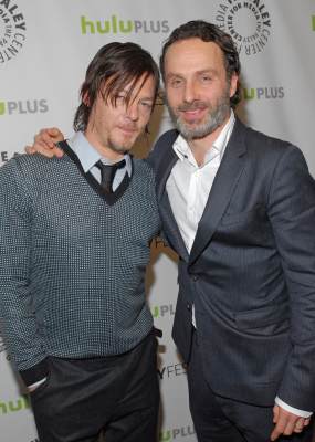 Norman Reedus and Andrew Lincoln pose during the Paley Center for Media’s PaleyFest event honoring ‘The Walking Dead,’  at the Saban Theatre, Los Angeles, March 1, 2013 (courtesy of Samsung Galaxy)

