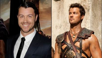 Dan Feuerriegel at the ‘Spartacus: War of the Damned’ premiere in LA (left) and as Agron in the Starz series (right)