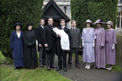 Penelope Wilton as Isobel Crawley, Maggie Smith as Violet, Dowager Countess, Dan Stevens as Matthew Crawley, Hugh Bonneville as Lord Grantham, Allen Leech as Tom Branson, Ruairi Conaghan as Kieran Branson, Michelle Dockery as Lady Mary Crawley, Elizabeth McGovern as Cora Countess of Grantham and Laura Carmichael as Lady Edith Crawley in PBS’ Masterpiece series ‘Downton Abbey’