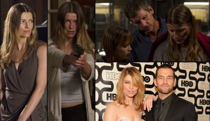 Ivana Milicevic as Carrie Hopewell (Ana) in Cinemax’s ‘Banshee’ (left); Top Right — Ryann Shane as Dava Hopewell, Rus Blackwell as Gordon Hopewell and Ivana as Carrie; Bottom right — Ivana and Antony Starr at HBO’s Emmy party 2013