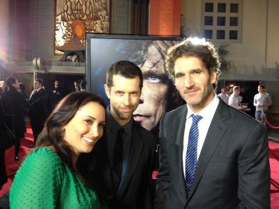 AccessHollywood.com’s Laura Saltman with D.B. Weiss and David Benioff (the executive producers) at the ‘Game of Thrones’ Season 3 premiere, TCL Chinese Theatre, Hollywood, March 18, 2013