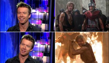 Todd Lasance visits Access Hollywood (left), Todd as Julius Caesar on ‘Spartacus: War of the Damned’ (right)

