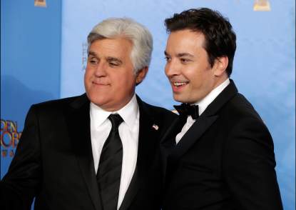 Jay Leno and Jimmy Fallon pose in the press room at the 70th Annual Golden Globe Awards held at The Beverly Hilton Hotel on January 13, 2013 in Beverly Hills