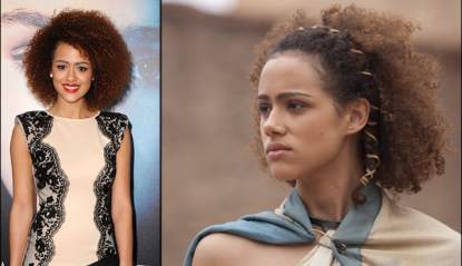 Nathalie Emmanuel at the ‘Game of Thrones’ premiere (left) and as Missandei in Season 3 (right)
