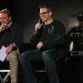 Matt Damon and host Steven Gaetjen attend the trailer launch event for ‘Elysium’ at the CineStar, Berlin, on April 8, 2013