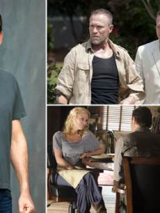 Dallas Roberts (left); Dallas as Milton with Michael Rooker (Merle) and David Morrissey (The Governor) (top right); with Laurie Holden (Andrea) and Michonne (bottom right)