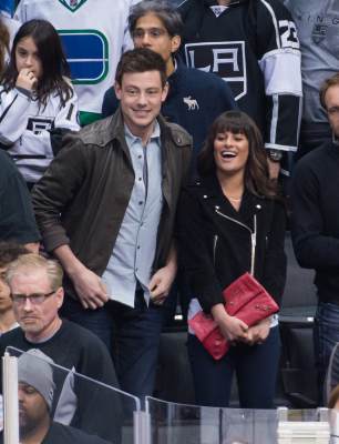 ‘Glee’s’ Cory Monteith and Lea Michele attend a hockey game between the Vancouver Canucks and the Los Angeles Kings at Staples Center on March 23, 2013 in Los Angeles