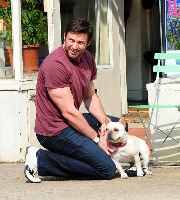 Hugh Jackman is seen (looking adorable with his dog) in the West Village on April 10, 2013 in New York City