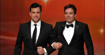 Jimmy Kimmel and Jimmy Fallon speak onstage during the 63rd Primetime Emmy Awards at the Nokia Theatre L.A. Live on September 18, 2011 in Los Angeles