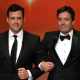 Jimmy Kimmel and Jimmy Fallon speak onstage during the 63rd Primetime Emmy Awards at the Nokia Theatre L.A. Live on September 18, 2011 in Los Angeles