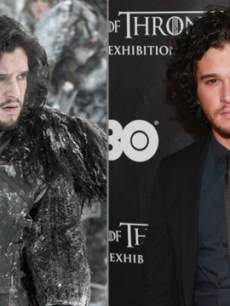 Kit Harington as Jon Snow in ‘Game of Thrones,’ and Kit Harington on a red carpet at a ‘Game of Thrones’ event