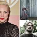 Gwendoline Christie at an event in January (left); Fighting the bear as Brienne (top right), and with Jaime Lannister in the forest (bottom right)