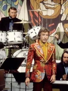 Tonight Show band leader Doc Severinsen tapes the 10th anniversary show on September 29, 1972 (Ed Shaughnessy, pictured in back on drums)