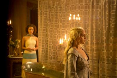 Nathalie Emmanuel as Missandei and Emilia Clarke as Daenerys in ‘Game of Thrones,’ Season 3, Episode 308, ‘Second Sons’
