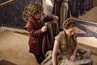 Tyrion Lannister (Peter Dinklage) puts the marriage cloak on Sansa Stark (Sophie Turner) in ‘Game of Thrones’ Season 3, Episode 308, ‘Second Sons’