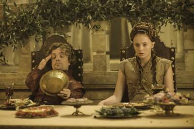 Tyrion Lannister (Peter Dinklage) and Sansa Stark (Sophie Turner) at their wedding banquet in ‘Game of Thrones’ Season 3, Episode 308, ‘Second Sons’