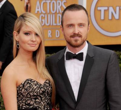 Aaron Paul and Lauren Parsekian arrive at the 19th Annual Screen Actors Guild Awards at The Shrine Auditorium, Los Angeles on January 27, 2013