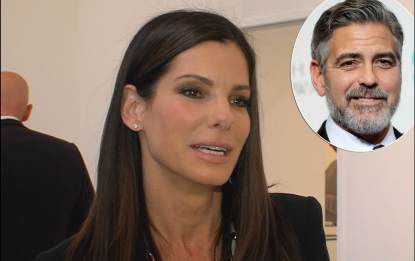 Sandra Bullock chats with Access Hollywood at the ‘Out of Left Field’ art show on May 23, 2013 in Los Angeles / inset: George Clooney