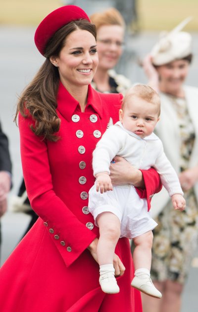 Catherine, Duchess of Cambridge and Prince George arrive at Wellington Airport’s military terminal for the start of their tour on April 7, 2014 in Wellington, New Zealand. (Getty Images)