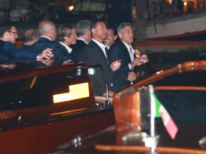 George Clooney and friends in a water taxi on Sept. 26, 2014 (Getty Images)