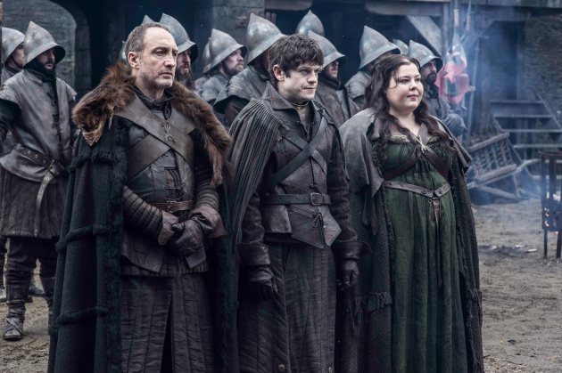 Michael McElhatton as Roose Bolton, Iwan Rheon as Ramsay Bolton and Elizabeth Webster as Walda Frey (Helen Sloan/HBO)