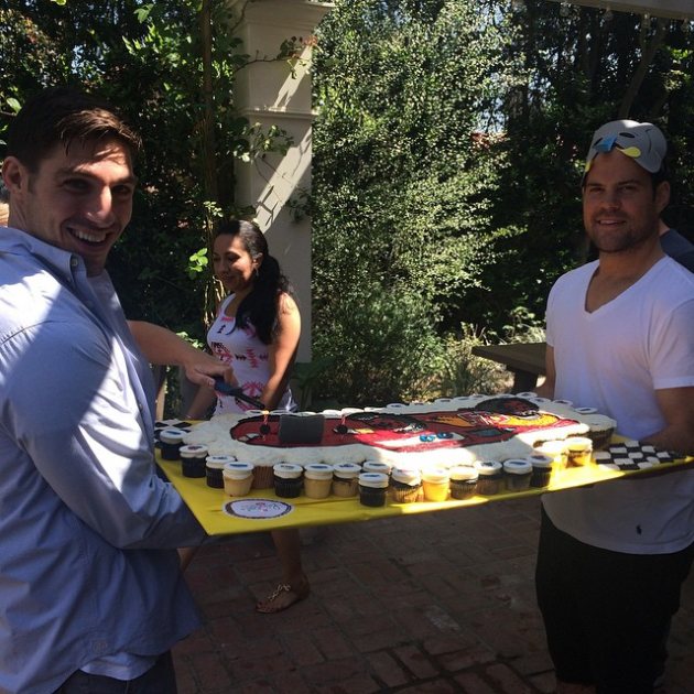 Haylie Duff posted this photo of fiance Matt Rosenberg and former brother-in-law Mike Comrie carrying her nephew Luca’s third birthday cake on March 21, 2015 (Instagram)