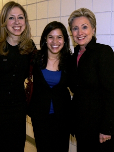 Hillary and Chelsea Clinton pose with America Ferrera in Las Vegas