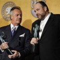 Tony Sirico and James Gandolfini show off the SAG award for best TV drama for 'The Sopranos'