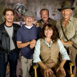 Shia LaBeouf, director Steven Spielberg, Ray Winstone, Karen Allen and Harrison Ford on the set