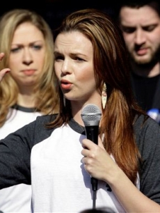 Amber Tamblyn at a young voter rally, as Chelsea Clinton looks on