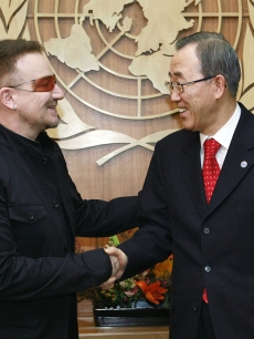 UN Secretary General Ban Ki Moon meets with Bono at the U.N. headquarters in New York