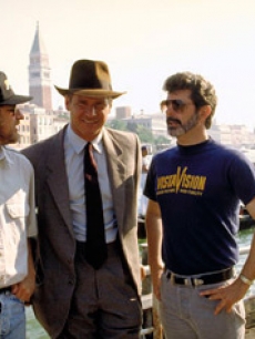 Director Steven Spielberg, Harrison Ford and producer George Lucas