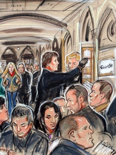 A Court artist's sketch of Heather Mills being led away after dousing McCartney's lawyer with water 