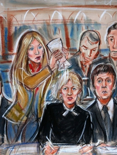 A Court artist's sketch of Heather Mills dousing Paul McCartney's lawyer with water
