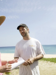 Director Nicholas Stoller, producer Judd Apatow and Jason Segel on the set