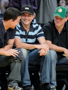 Mark Wahlberg, a friend and Matt Damon at Game 5 of the NBA basketball finals